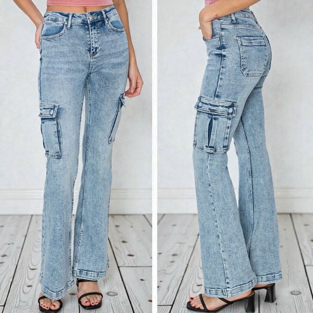 Risen High Rise Jeans Cargo Slim Flare Acid Wash 90s Utility Style – NWT - Picture 7 of 10